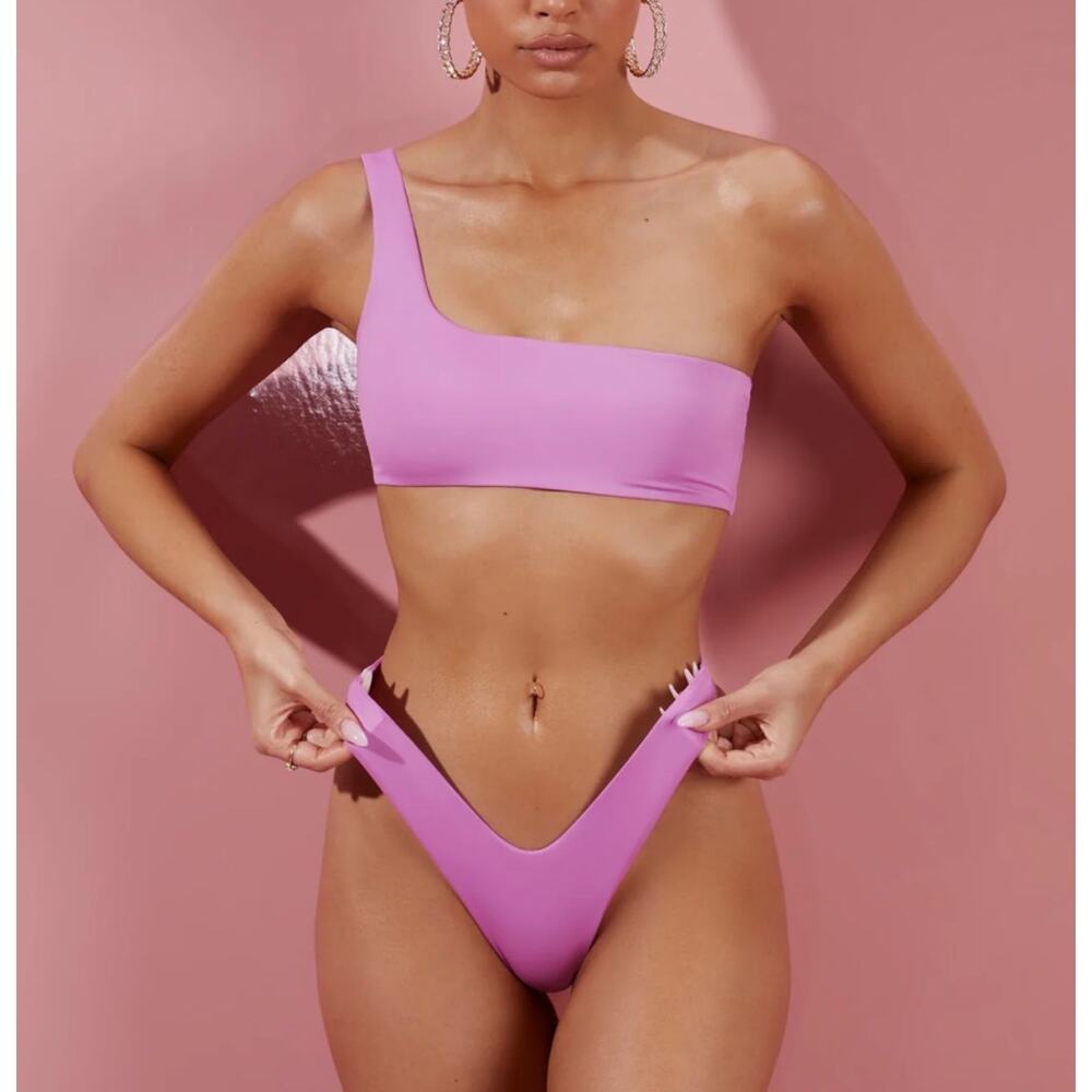 Oh Polly Neena Medium Bikini 2-Piece SET One Shoulder Top & Bottom Pink
